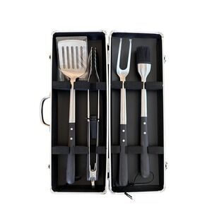 Williams Sonoma 4 Piece BBQ Grill Tool Set with Aluminum Carrying Case Silver